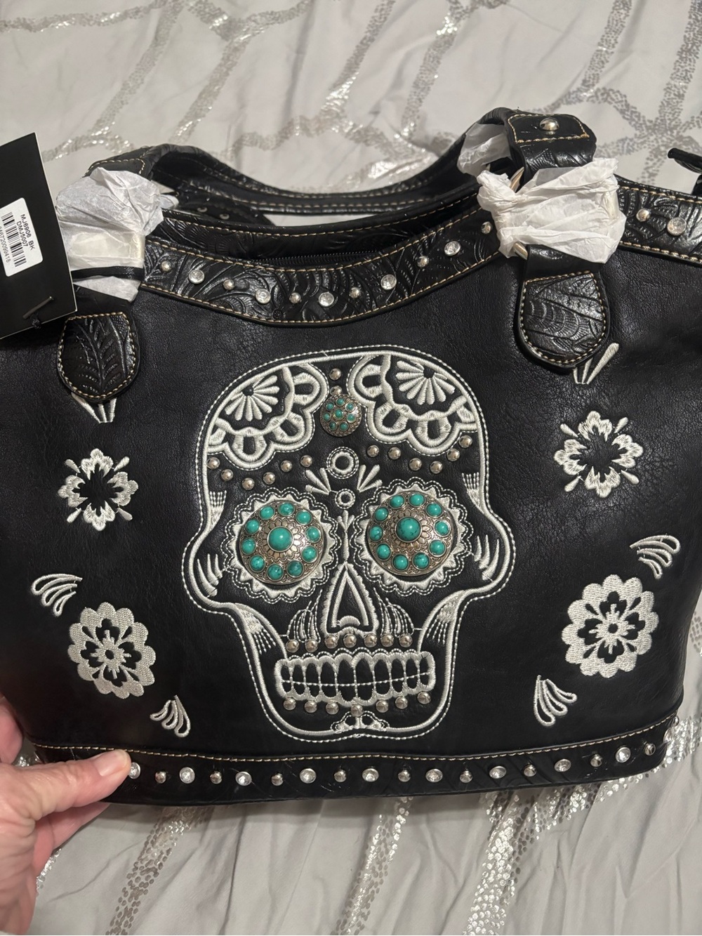 Black Embroidered Sugar Skull Shoulder Bag with Turquoise Accents